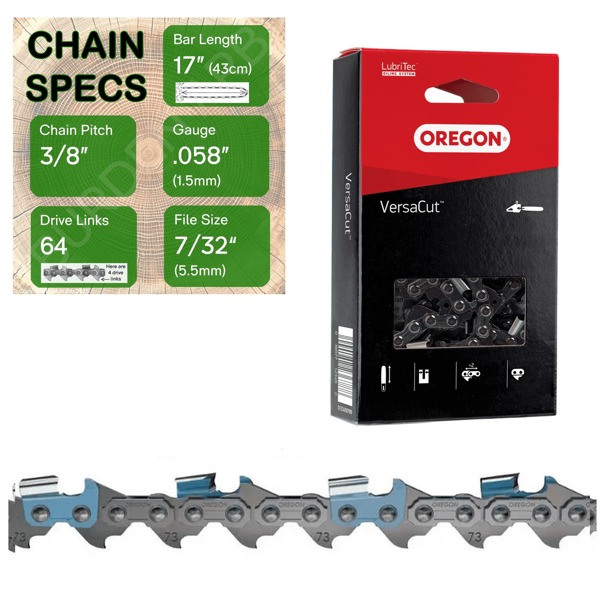 17" OREGON 73DPX064 Semi Chisel Reduced Kickback Replacement Chainsaw Chain