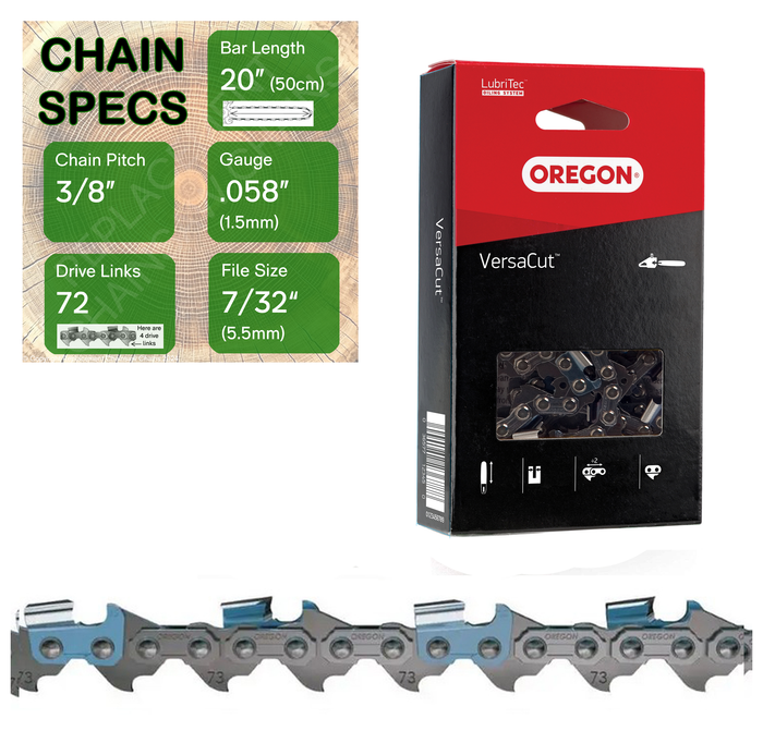 20" Oregon 73DPX072 Chainsaw Chain with specs