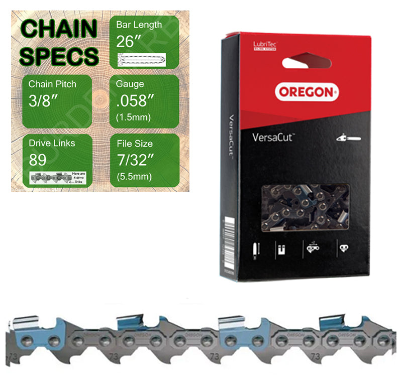 26" Oregon 73DPX089 Chainsaw Chain with specs