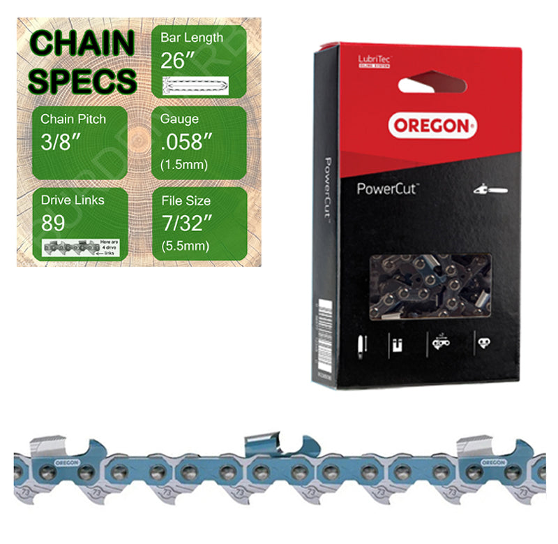 26" Oregon 73EXJ089 Chainsaw Chain with specs