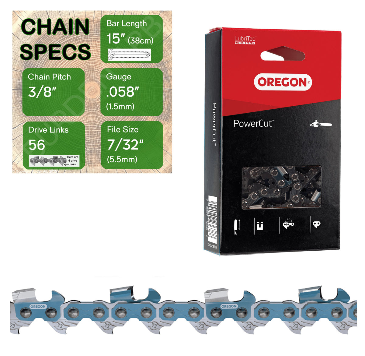 15" OREGON 73EXL056 Full Chisel Aggressive Replacement Chainsaw Chain