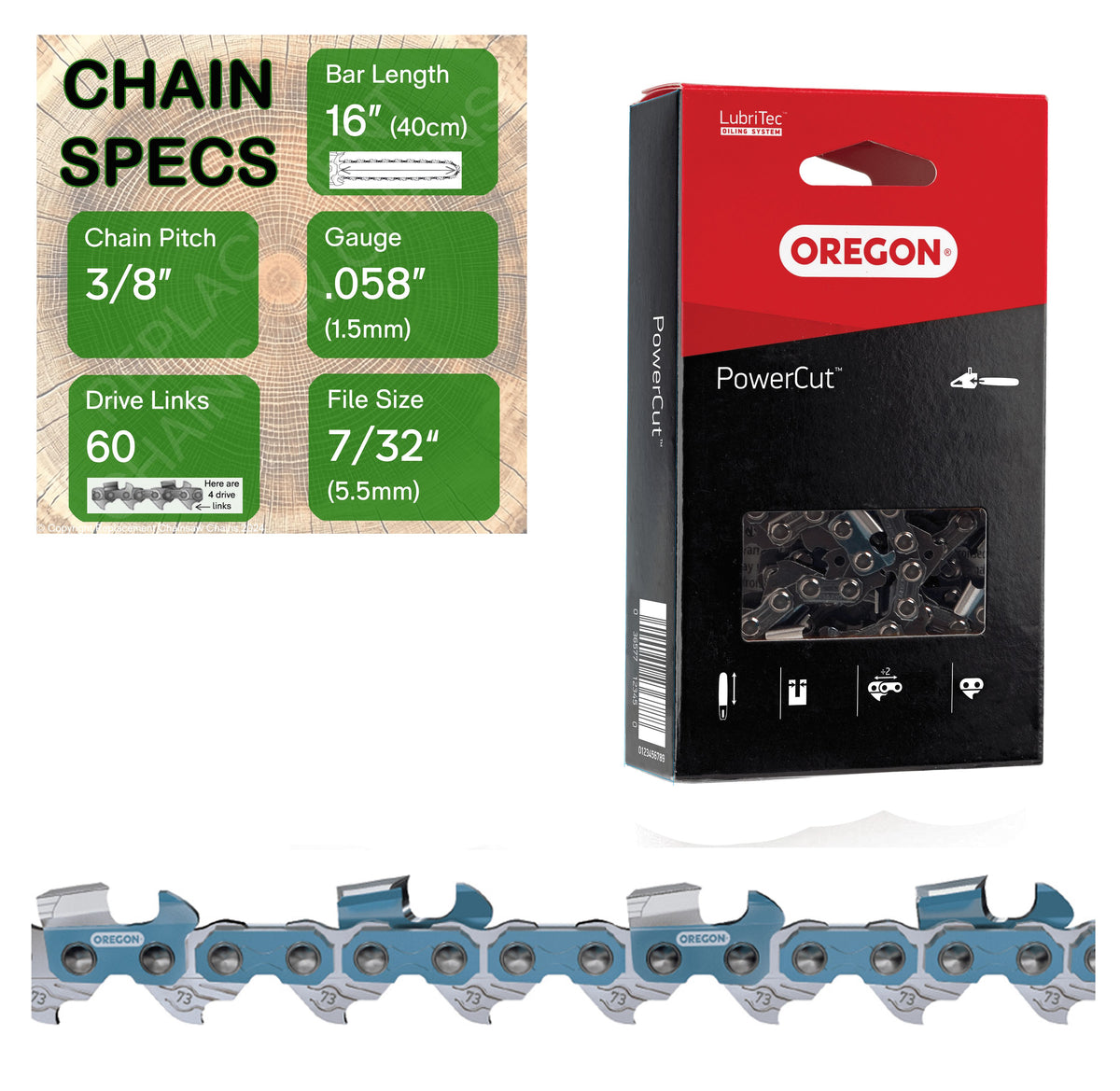 16" OREGON 73EXL060 Full Chisel Aggressive Replacement Chainsaw Chain