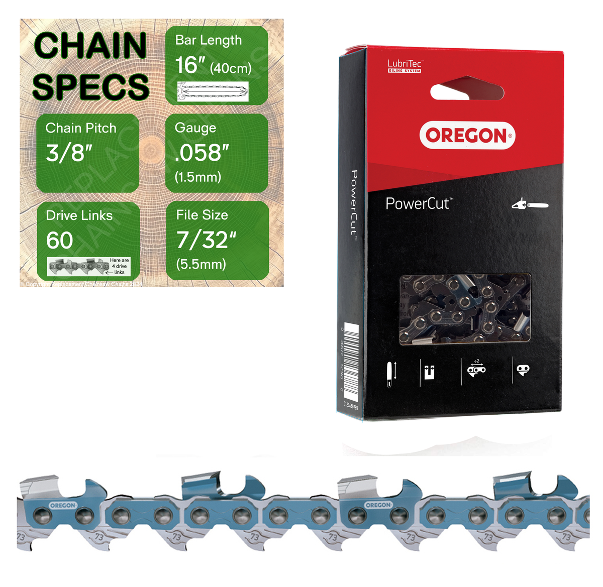 16" Oregon 73EXL060 Chainsaw Chain with specs