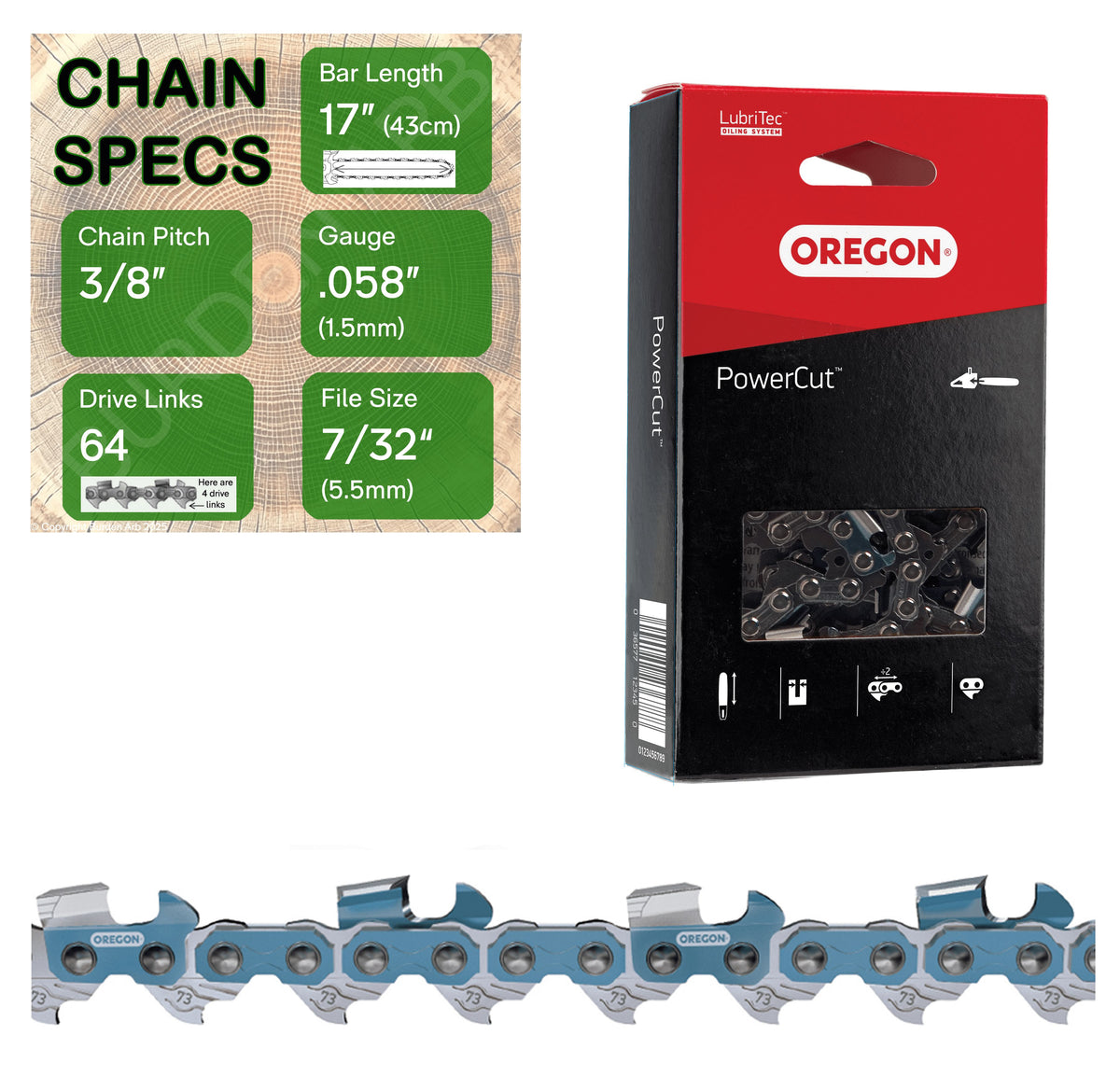 17" OREGON 73EXL064 Full Chisel Aggressive Replacement Chainsaw Chain