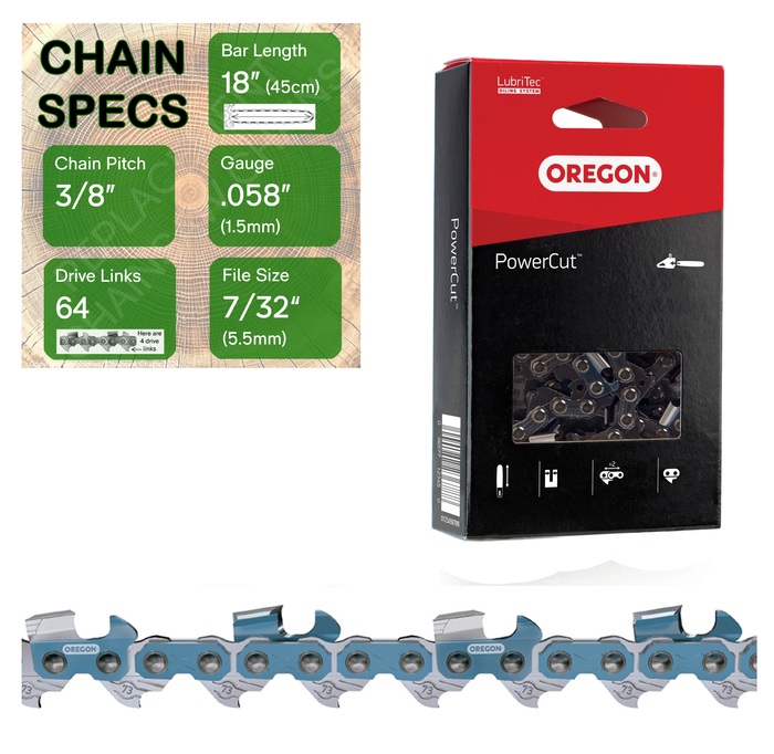 18" Oregon 73EXL064 Chainsaw Chain with specs