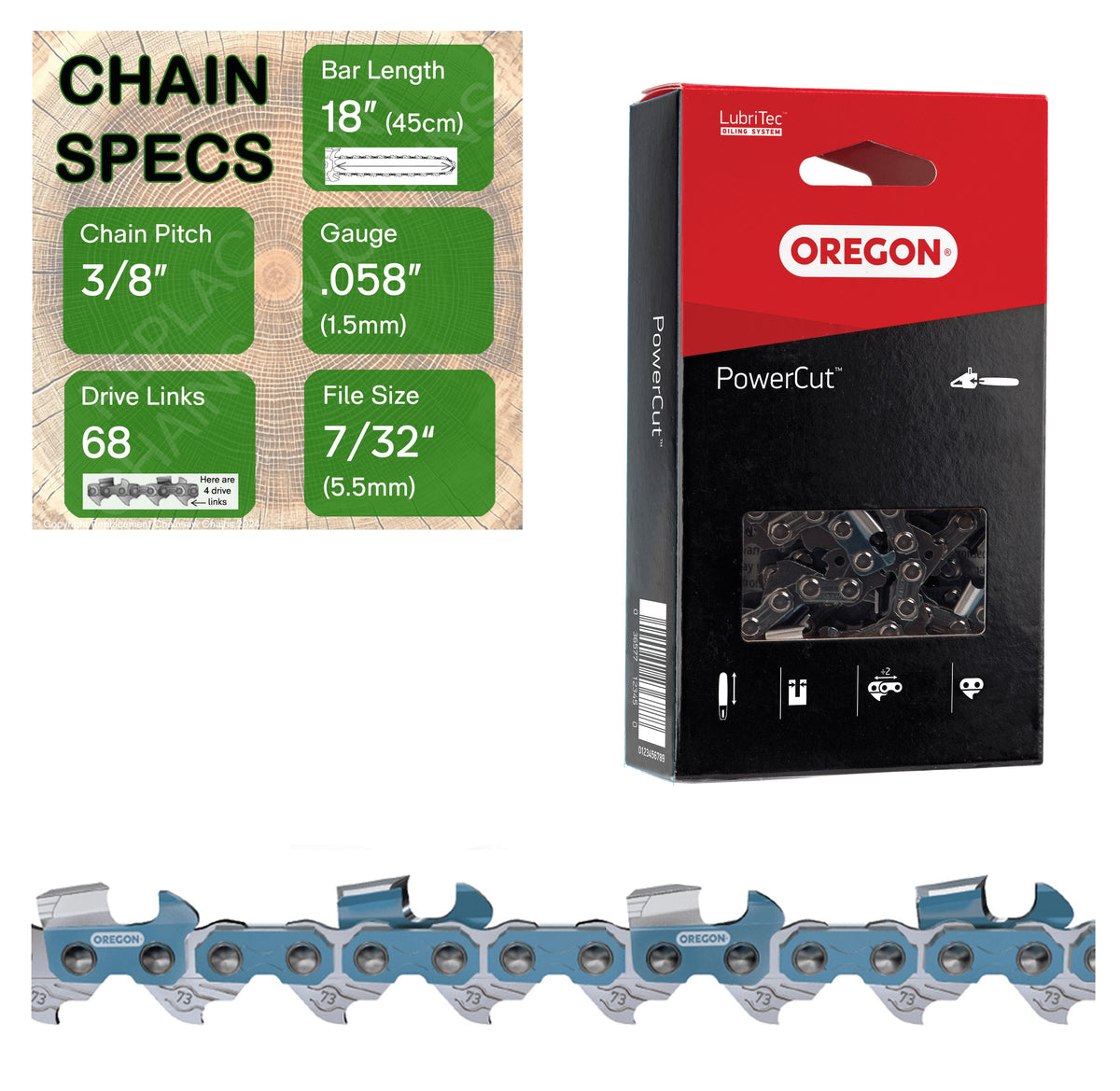 18" OREGON 73EXL068 Full Chisel Aggressive Replacement Chainsaw Chain