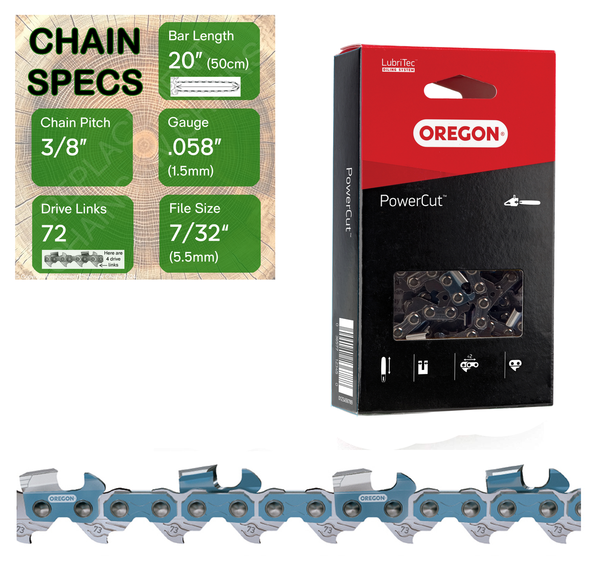 20" Oregon 73EXL072 Chainsaw Chain with specs