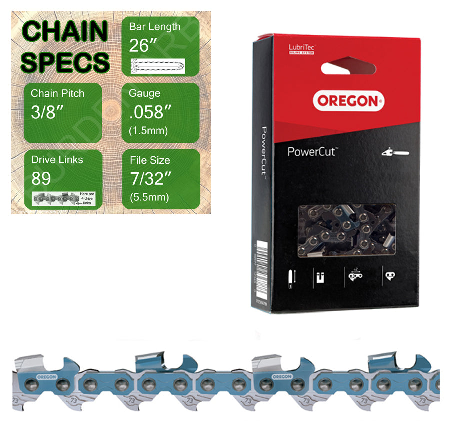 26" Oregon 73EXL089 Chainsaw Chain with specs