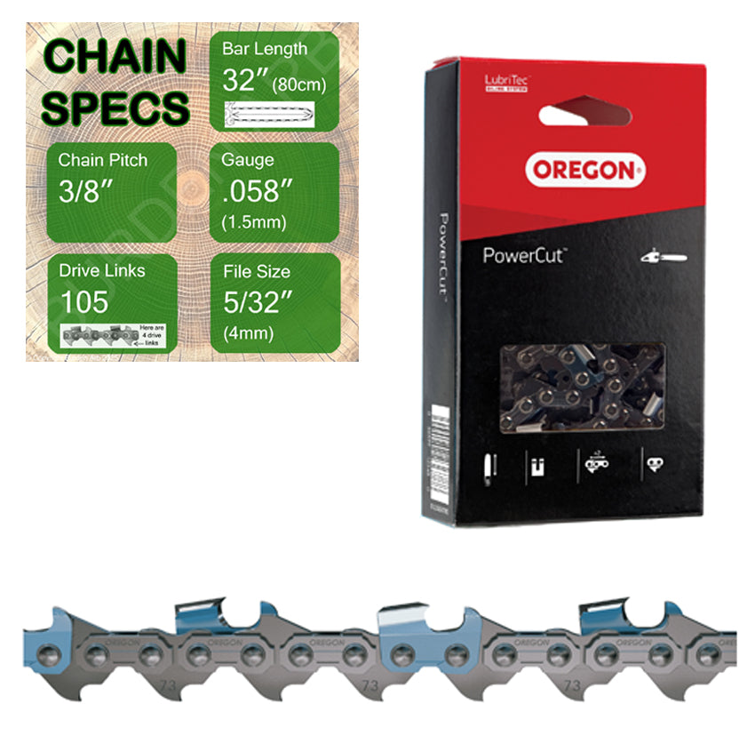 32" Oregon 73LPX105 Chainsaw Chain with specs
