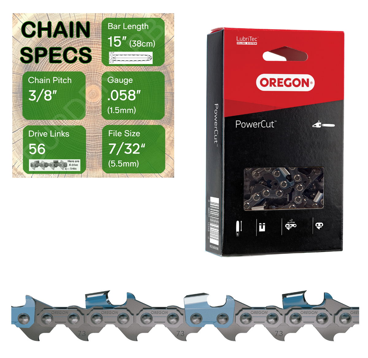 15" Oregon 73LPX056 Chainsaw Chain with specs