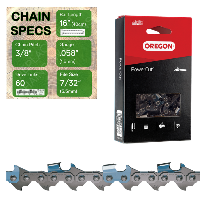 16" Oregon 73LPX060 Chainsaw Chain with specs