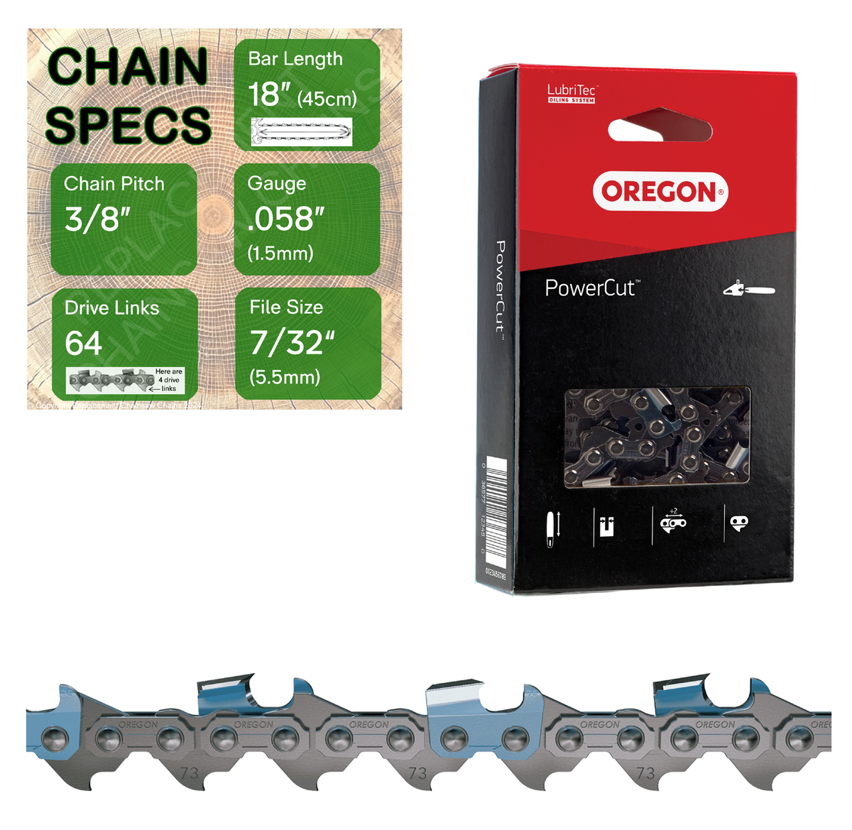 18" Oregon 73LPX064 Chainsaw Chain with specs