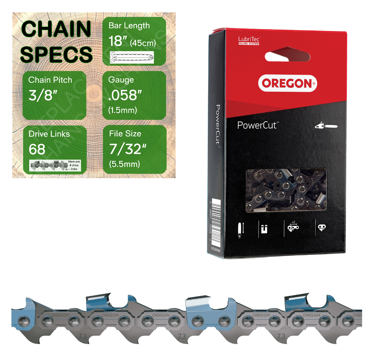 18" Oregon 73LPX068 Chainsaw Chain with specs