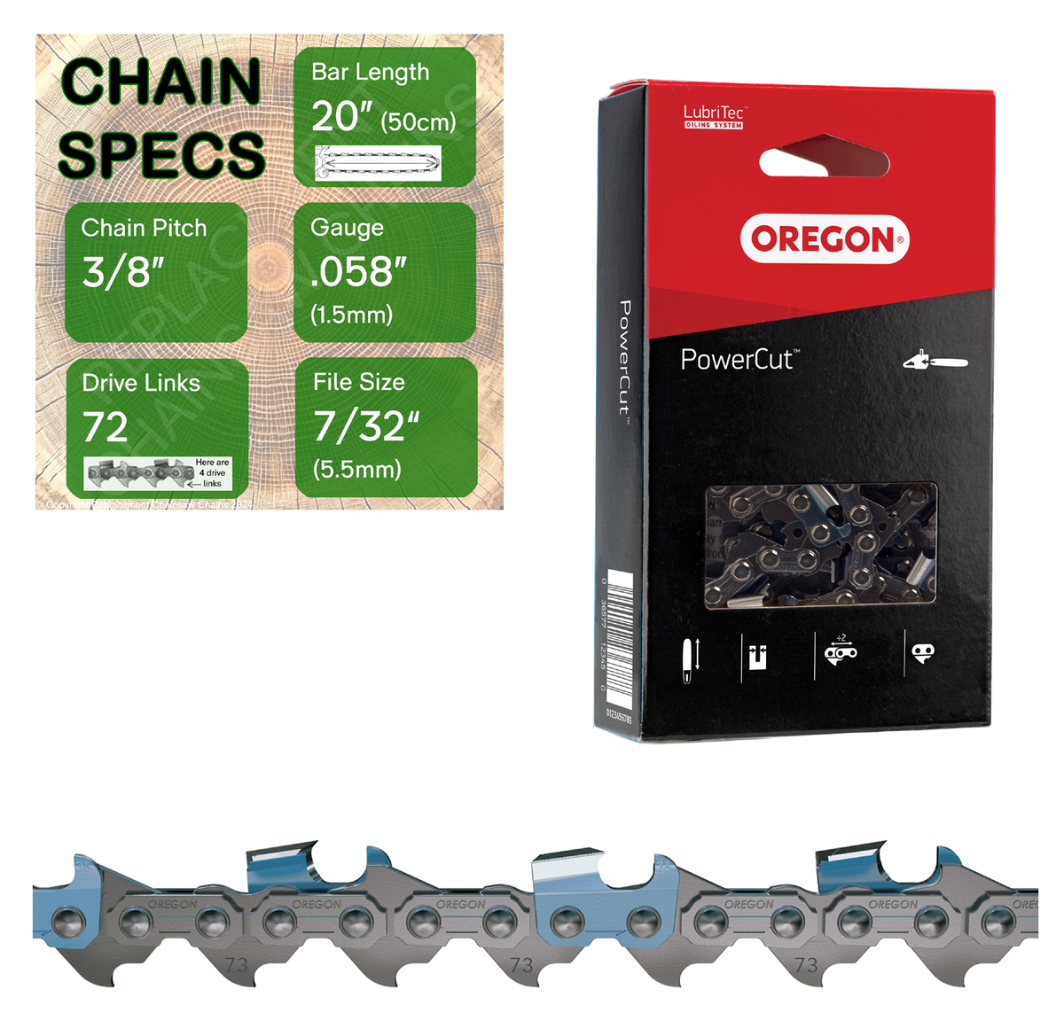 20" Oregon 73LPX072 Chainsaw Chain with specs