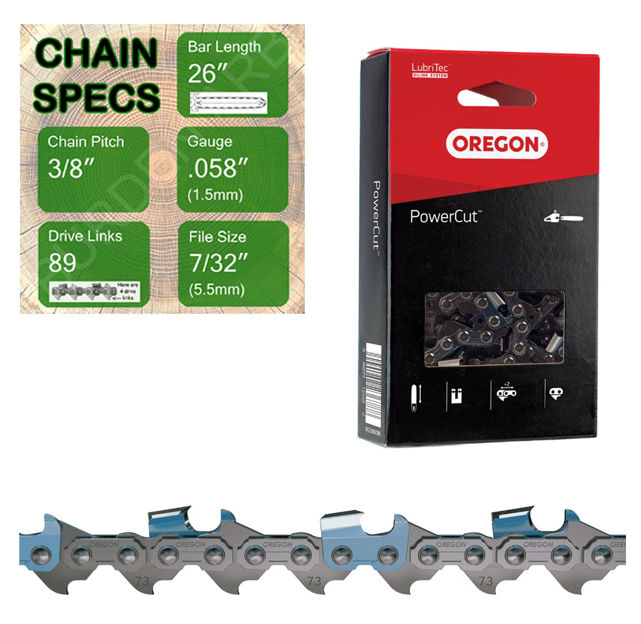 26" Oregon 73LPX089 Chainsaw Chain with specs