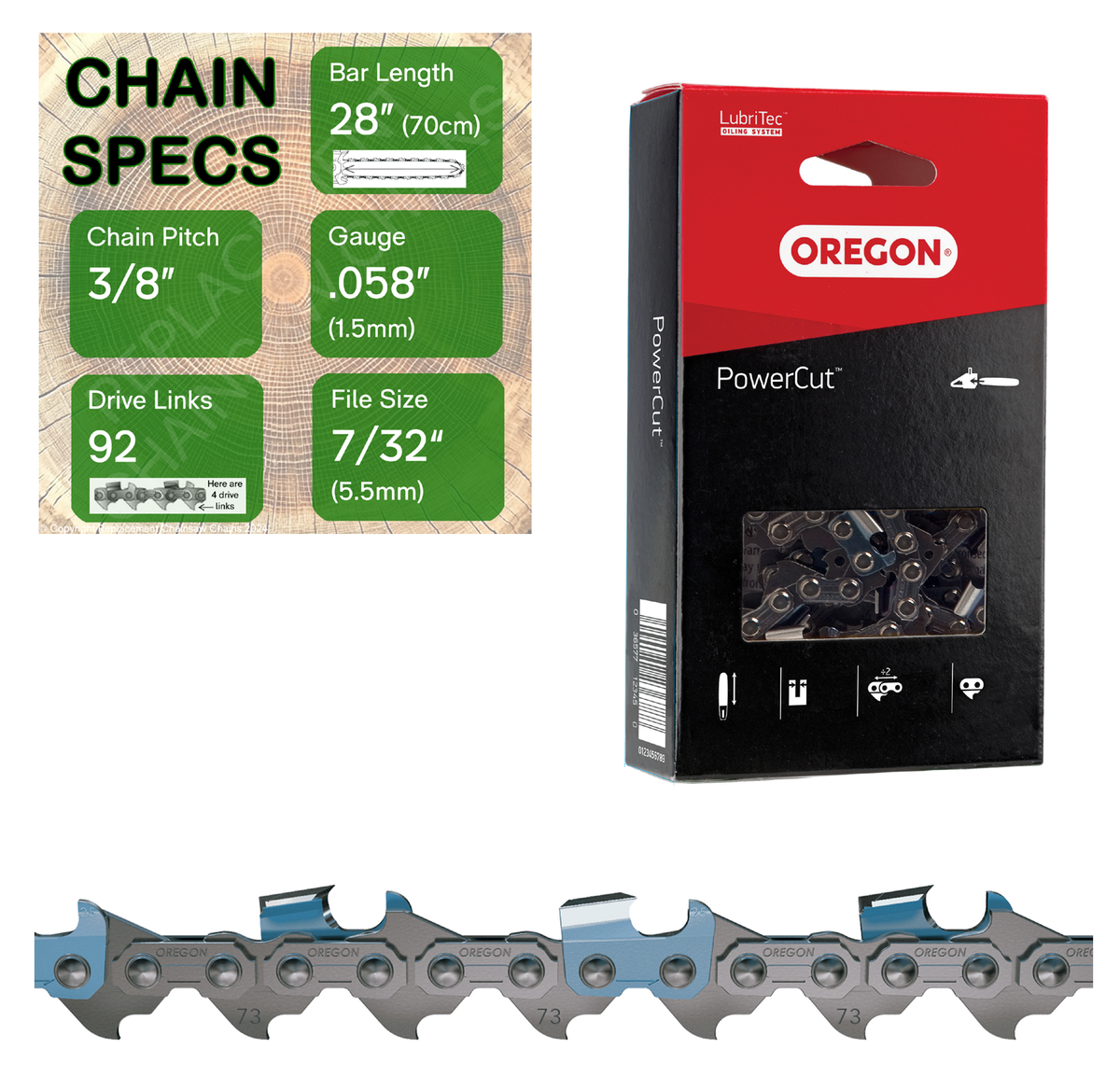 28" Oregon 73LPX092 Chainsaw Chain with specs