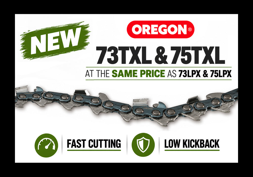 Oregon chainsaw chain advertisement featuring the 73TXL and 75TXL chainsaw chains, set against a blurred outdoor background of trees and wood. Prominent text overlays highlight 'NEW 73TXL & 75TXL', 'FAST CUTTING', 'LOW KICKBACK', and 'NOW AT THE SAME PRICE AS 73LPX & 75LPX'.
