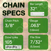 32" OREGON 75DPX105 Semi Chisel Reduced Kickback Replacement Chainsaw Chain