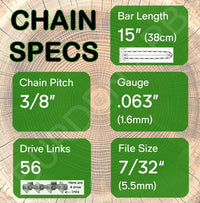 15" OREGON 75EXL056 Full Chisel Aggressive Replacement Chainsaw Chain