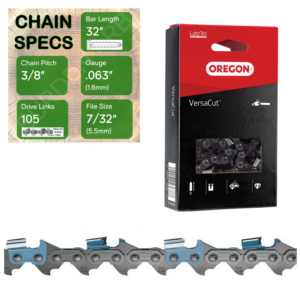 32" Oregon 75DPX105 Chainsaw Chain with specs