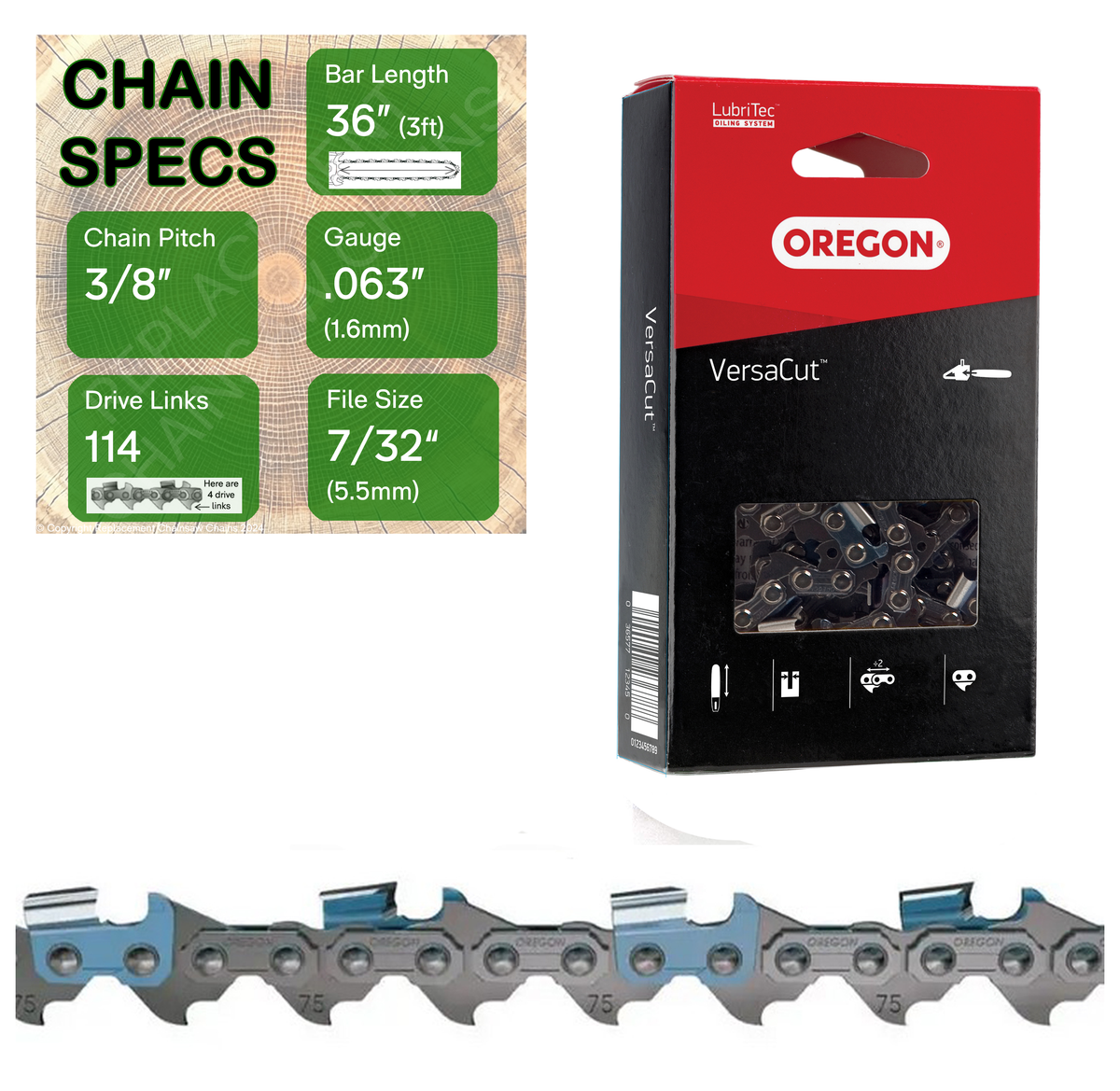 36" Oregon 75DPX114 Chainsaw Chain with specs