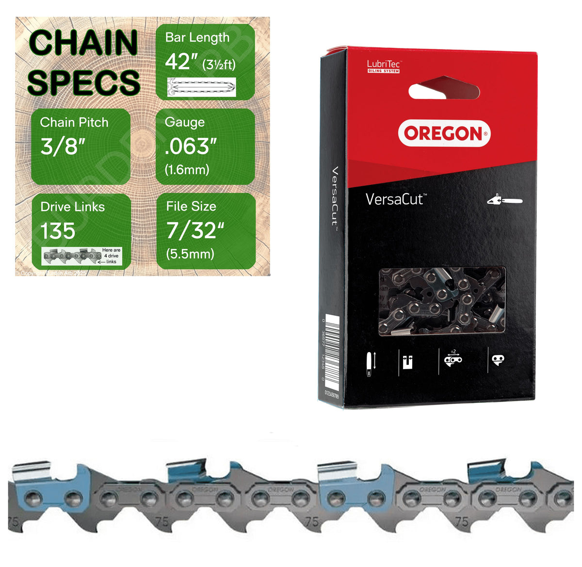 42" OREGON 75DPX135 Semi Chisel Reduced Kickback Replacement Chainsaw Chain