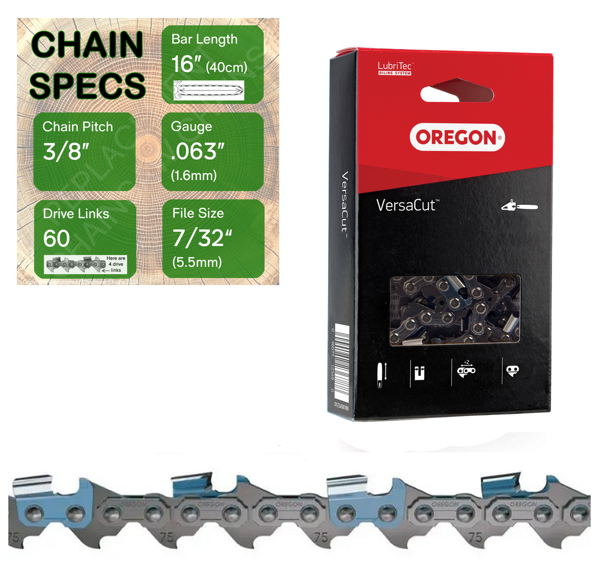 16" Oregon 75DPX060 Chainsaw Chain with specs