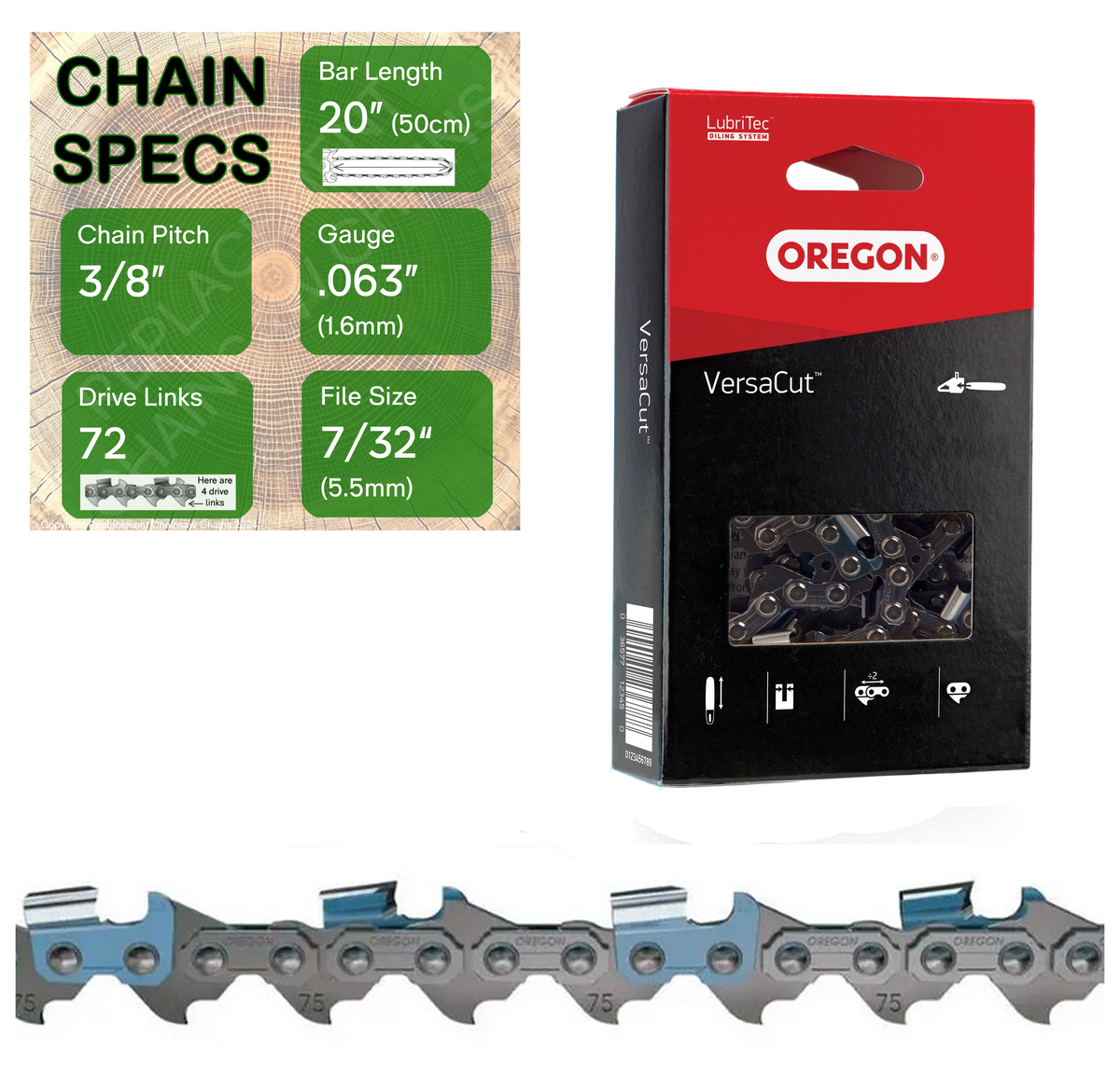 20" Oregon 75DPX072 Chainsaw Chain with specs