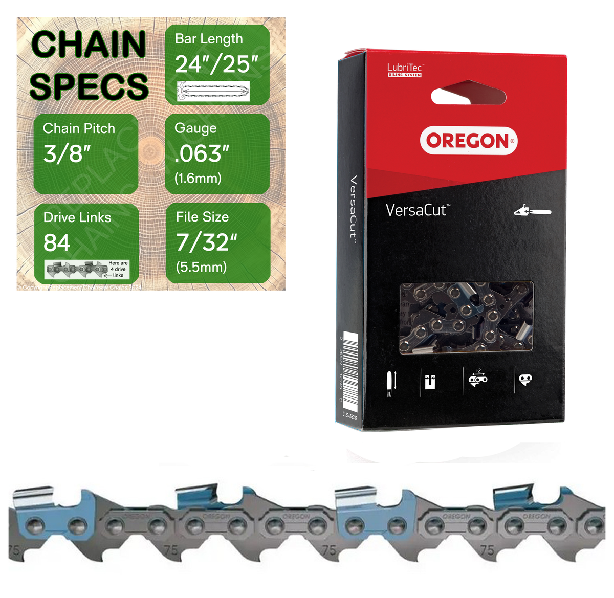 24" / 25" Oregon 75DPX084 Chainsaw Chain with specs