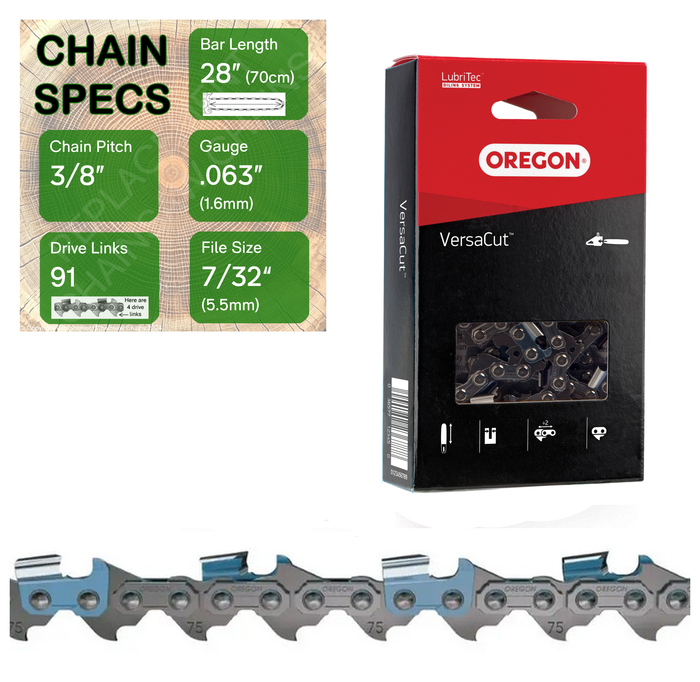 28" Oregon 75DPX091 Chainsaw Chain with specs