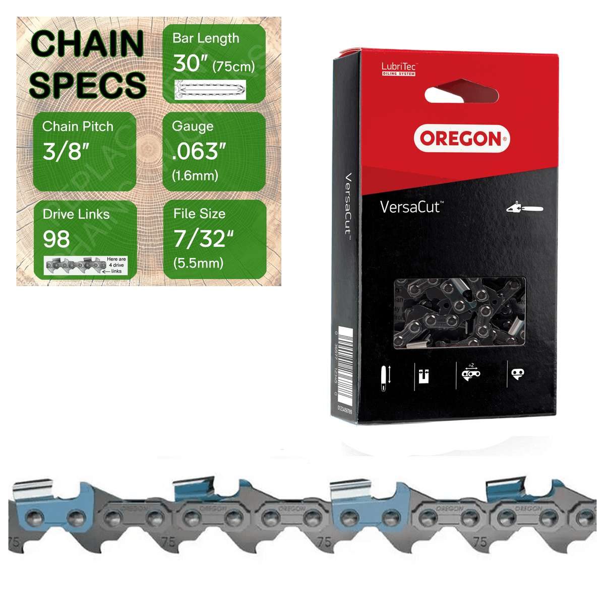 30" Oregon 75DPX098 Chainsaw Chain with specs
