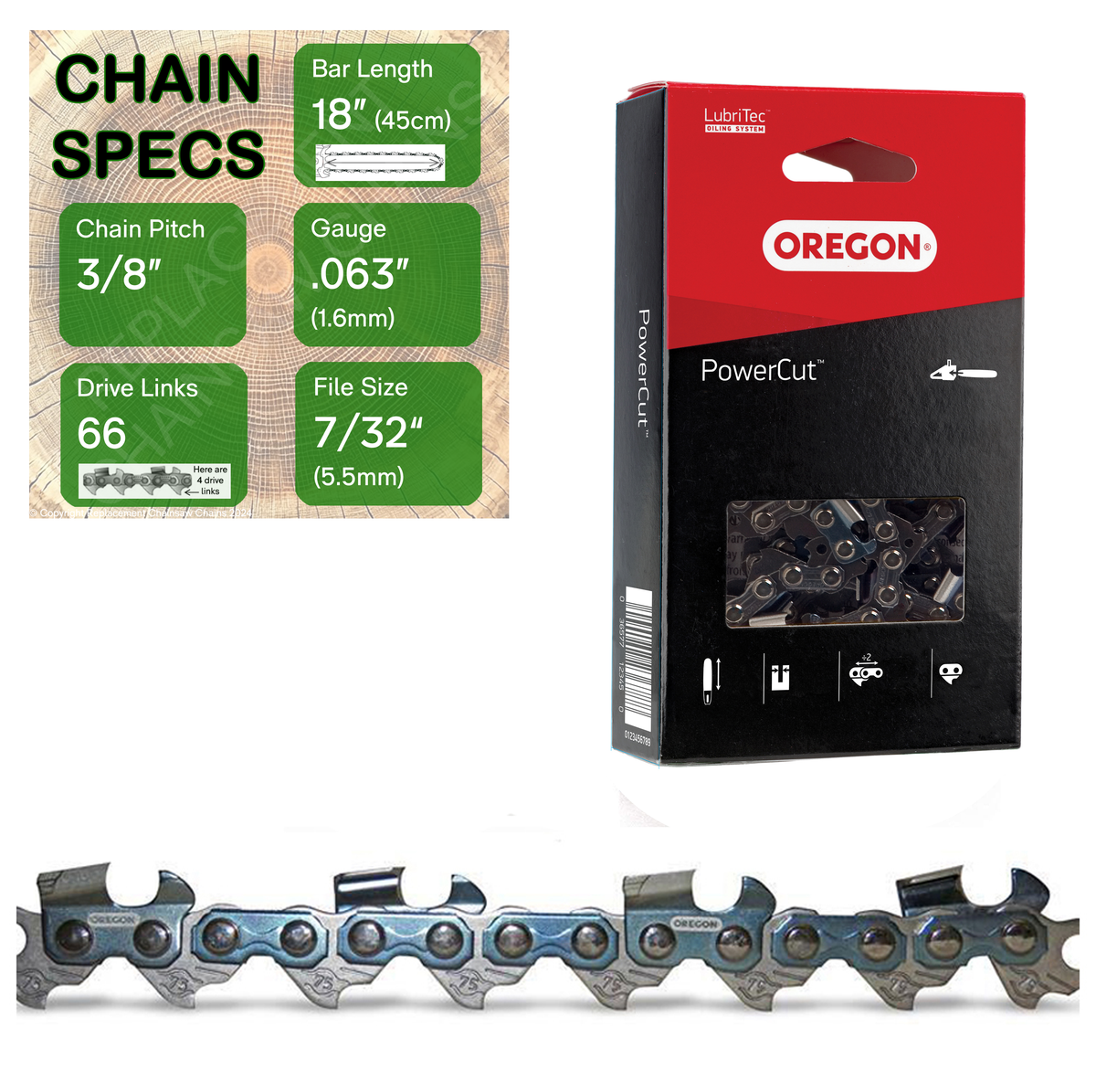 18" Oregon 75EXL066 Chainsaw Chain with specs