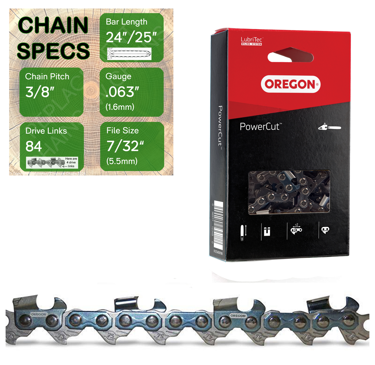 24" / 25" Oregon 75EXL084 Chainsaw Chain with specs