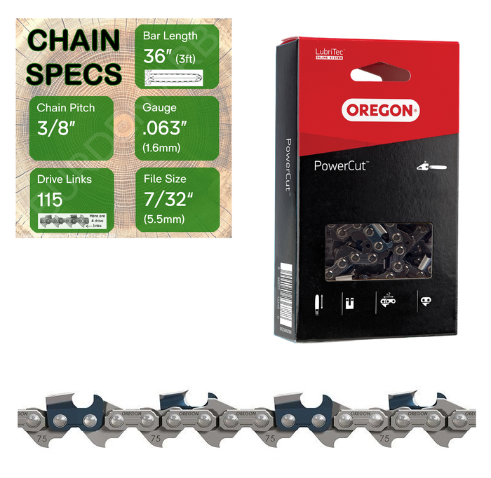 36" Oregon 75LPX115 Chainsaw Chain with specs