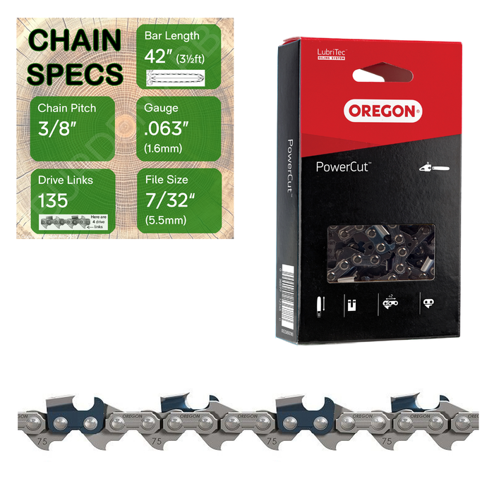 42" Oregon 75LPX135 Chainsaw Chain with specs