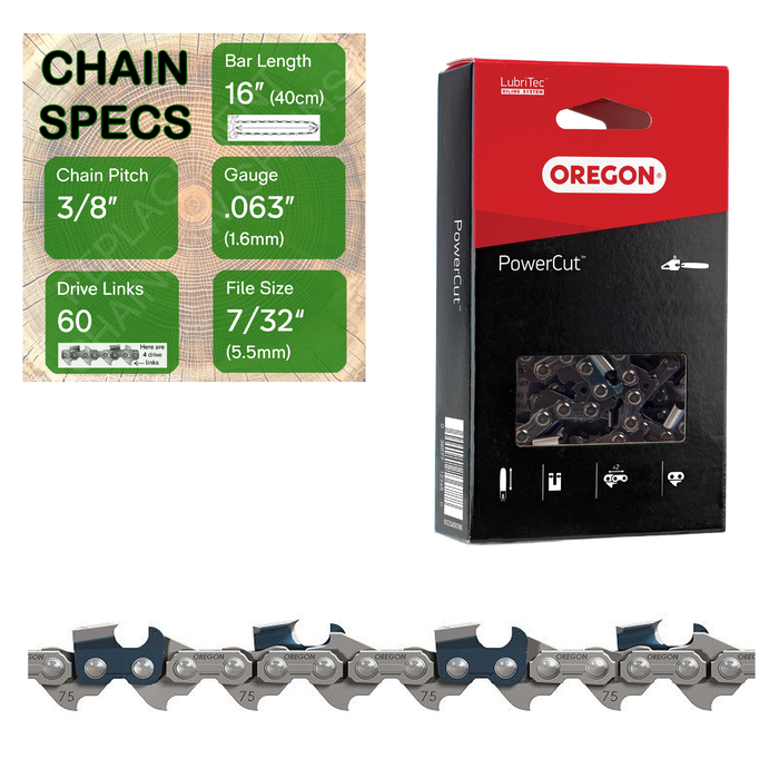 16" Oregon 75LPX060 Chainsaw Chain with specs