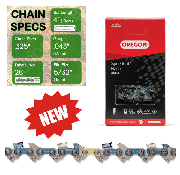 New 4" Oregon 80TXL026 Chainsaw Chain with specs