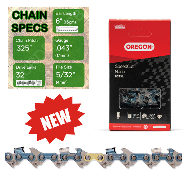 New 6" Oregon 80TXL032 Chainsaw Chain with specs