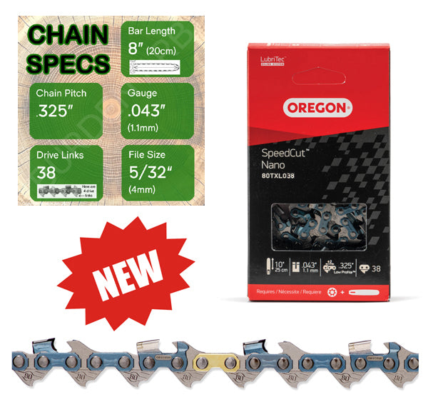 New 8" Oregon 80TXL038 Chainsaw Chain with specs