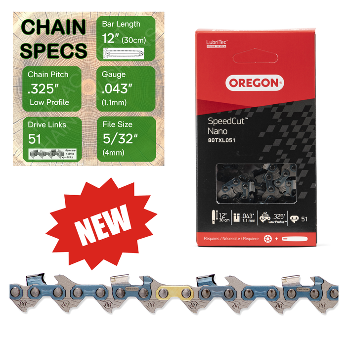 New 12" Oregon 80TXL051 Chainsaw Chain with specs