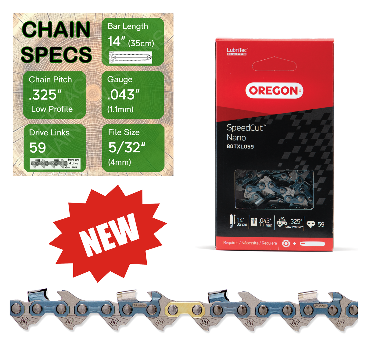 New 14" Oregon 80TXL059 Chainsaw Chain with specs