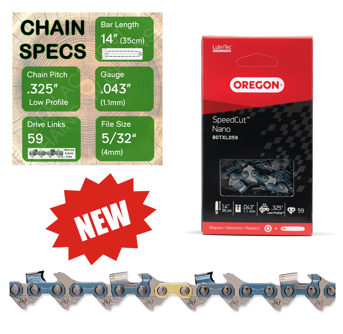 New 14" Oregon 80TXL059 Chainsaw Chain with specs