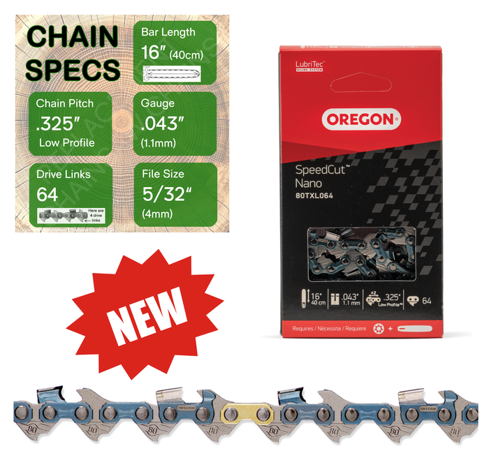 New 16" Oregon 80TXL064 Chainsaw Chain with specs