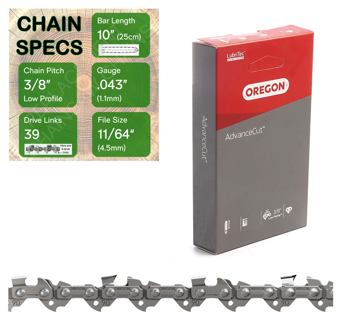 10" Oregon 90PX039 Chainsaw Chain with specs