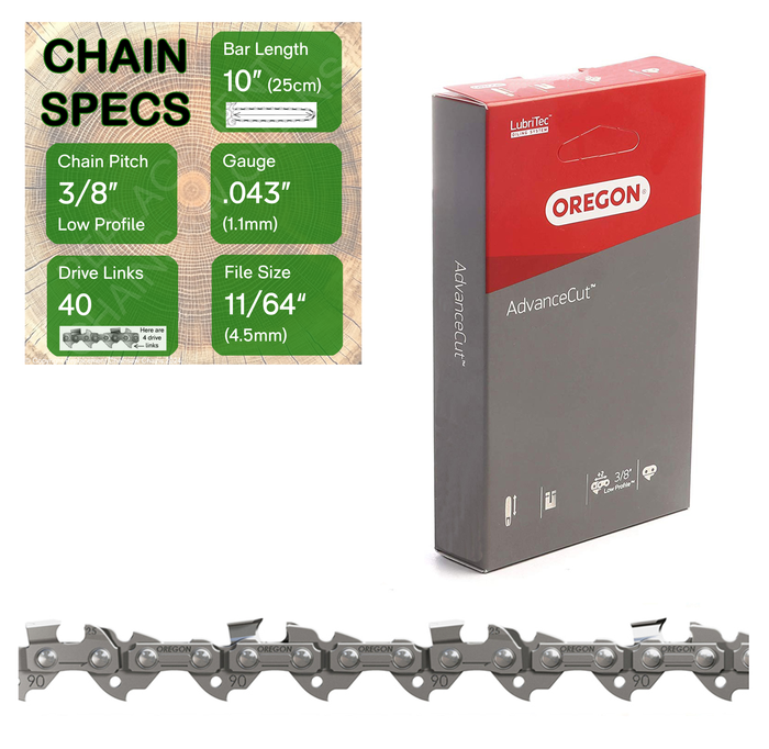 10" Oregon 90PX040 Chainsaw Chain with specs