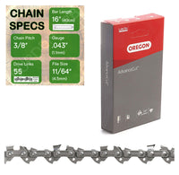 16" Oregon 90PX055 Chainsaw Chain with specs