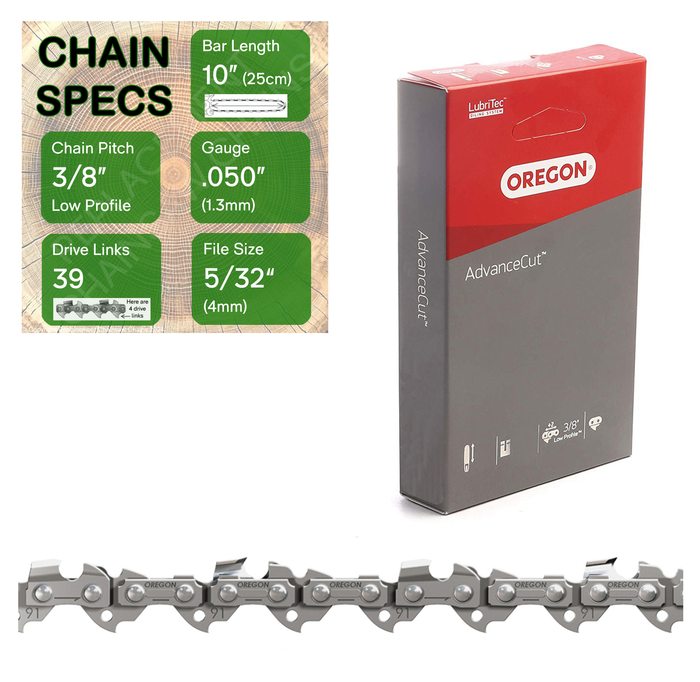 10" Oregon 91PX039 Chainsaw Chain with specs