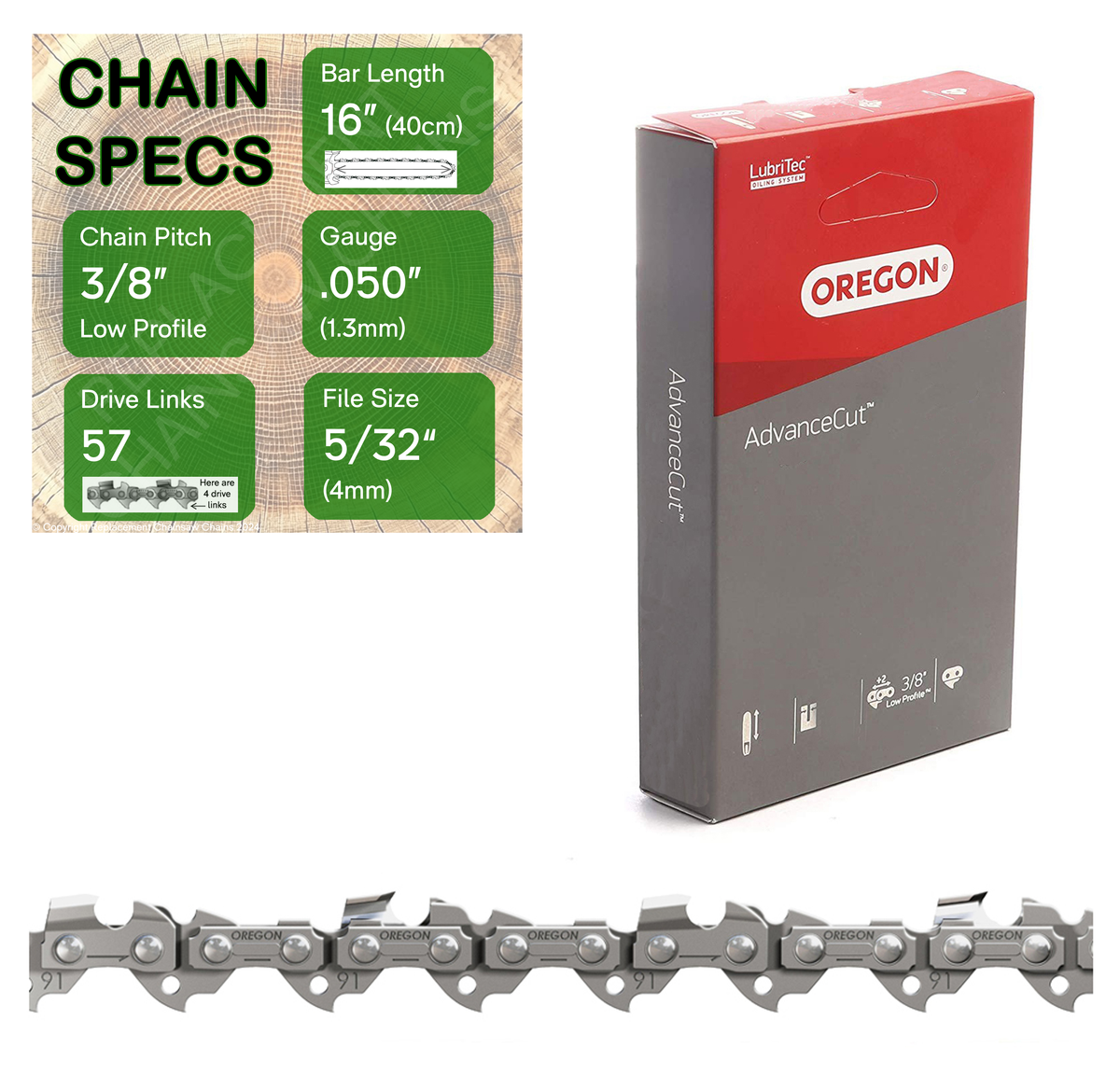 16" Oregon 91PX057 Chainsaw Chain with specs