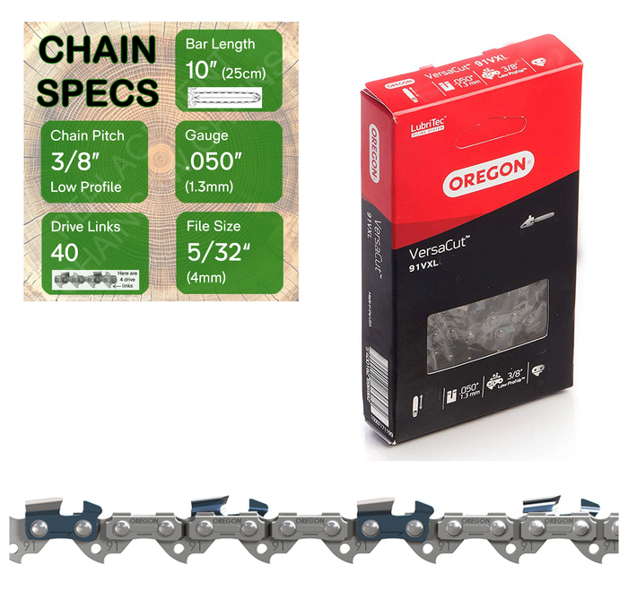 10" Oregon 91VXL040 Chainsaw Chain with specs