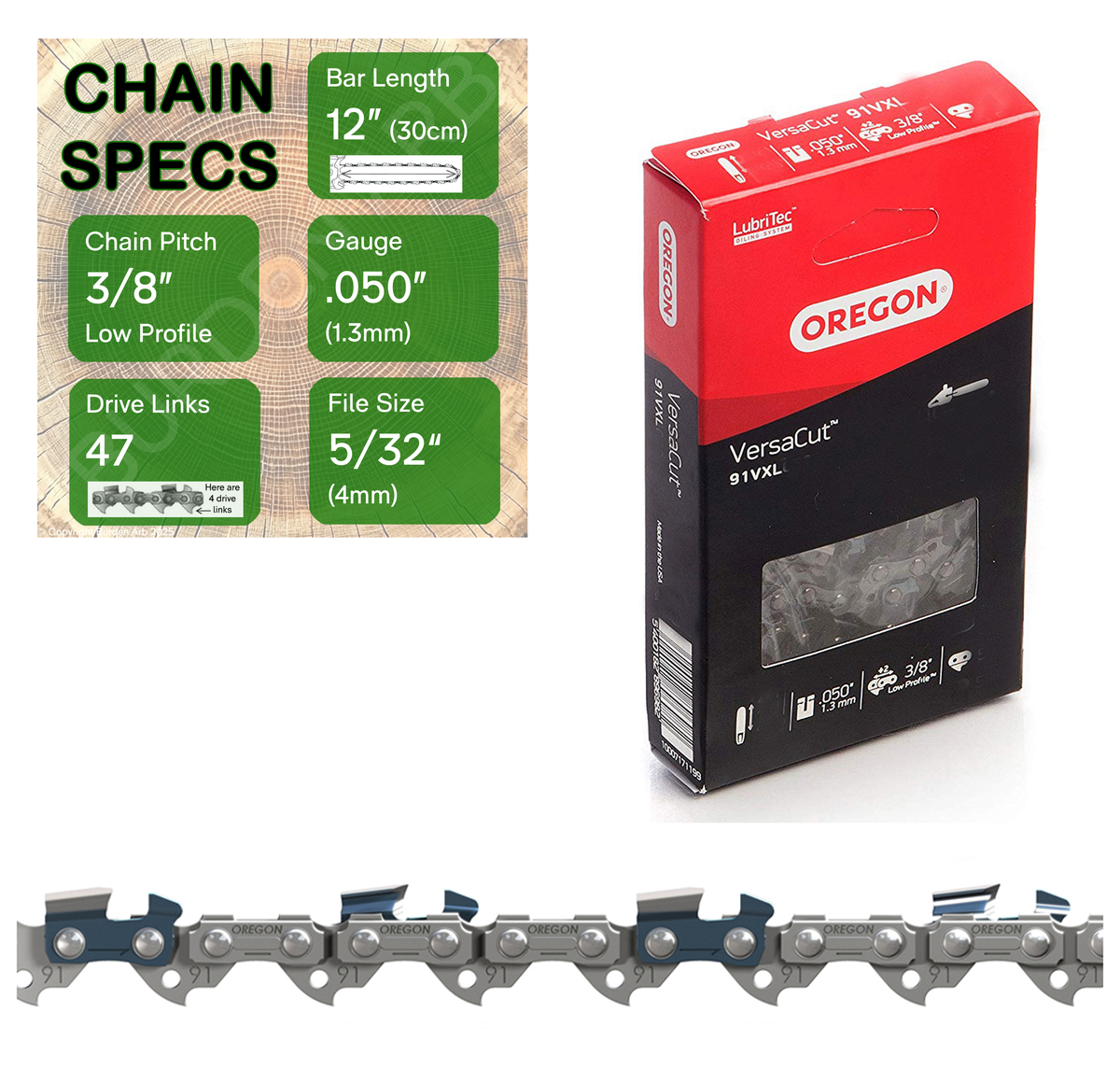 12" Oregon 91VXL047 Chainsaw Chain with specs